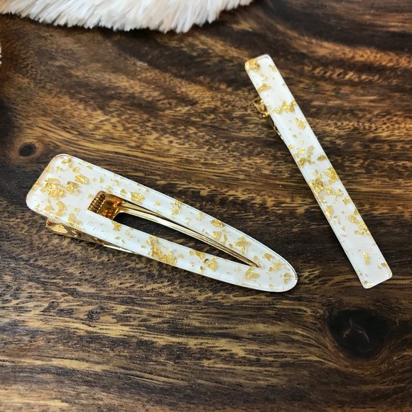 White Gold Flake Acetate Alligator Clip Set of 2 - Picture 1 of 4